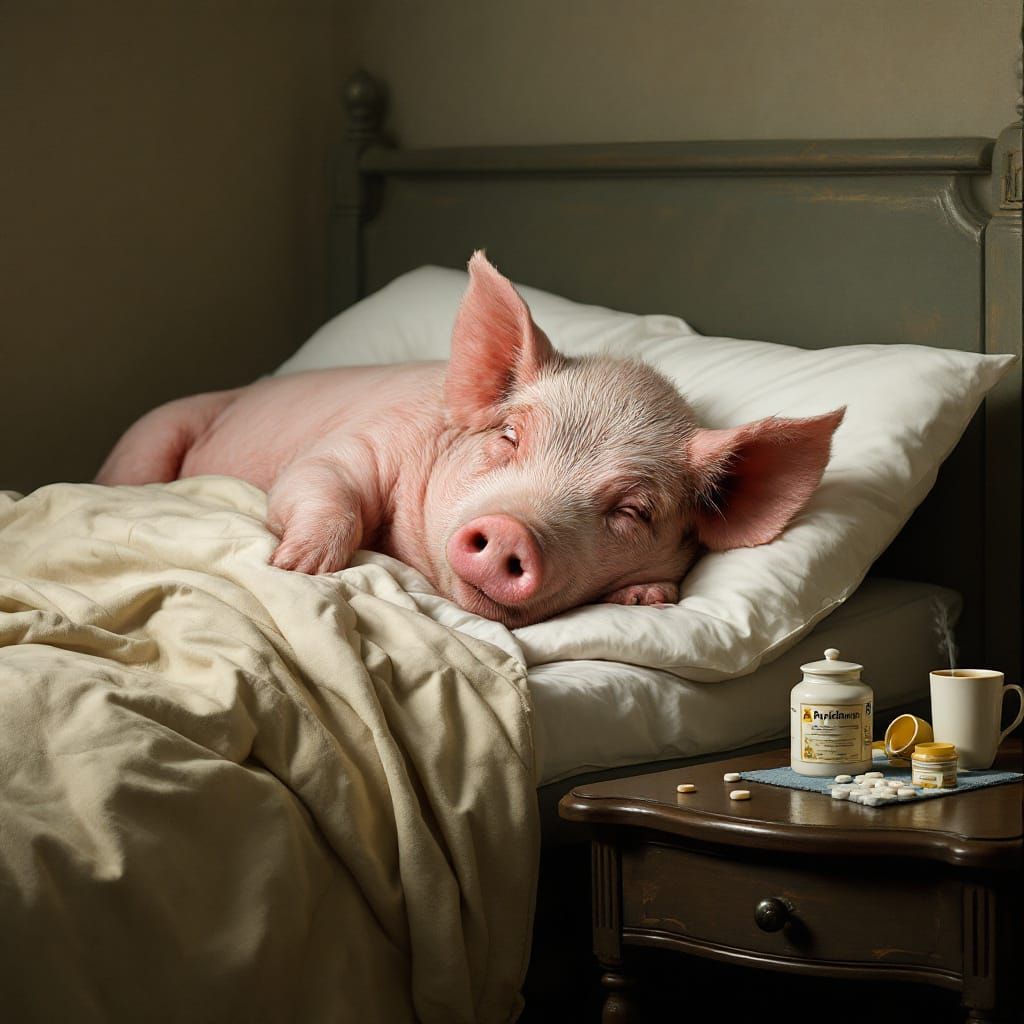 EIn krankes Schwein liegt schwitzend krank in einem Bett,das Schwein hat ein Thermometer im Mund und einen Schal um den ...