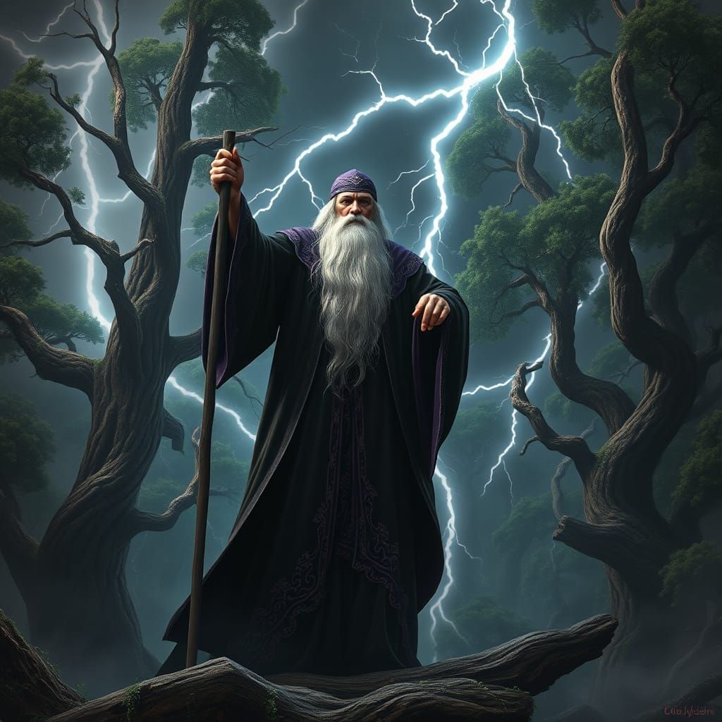 Wizard Controls Lightning in Dark Fantasy Forest