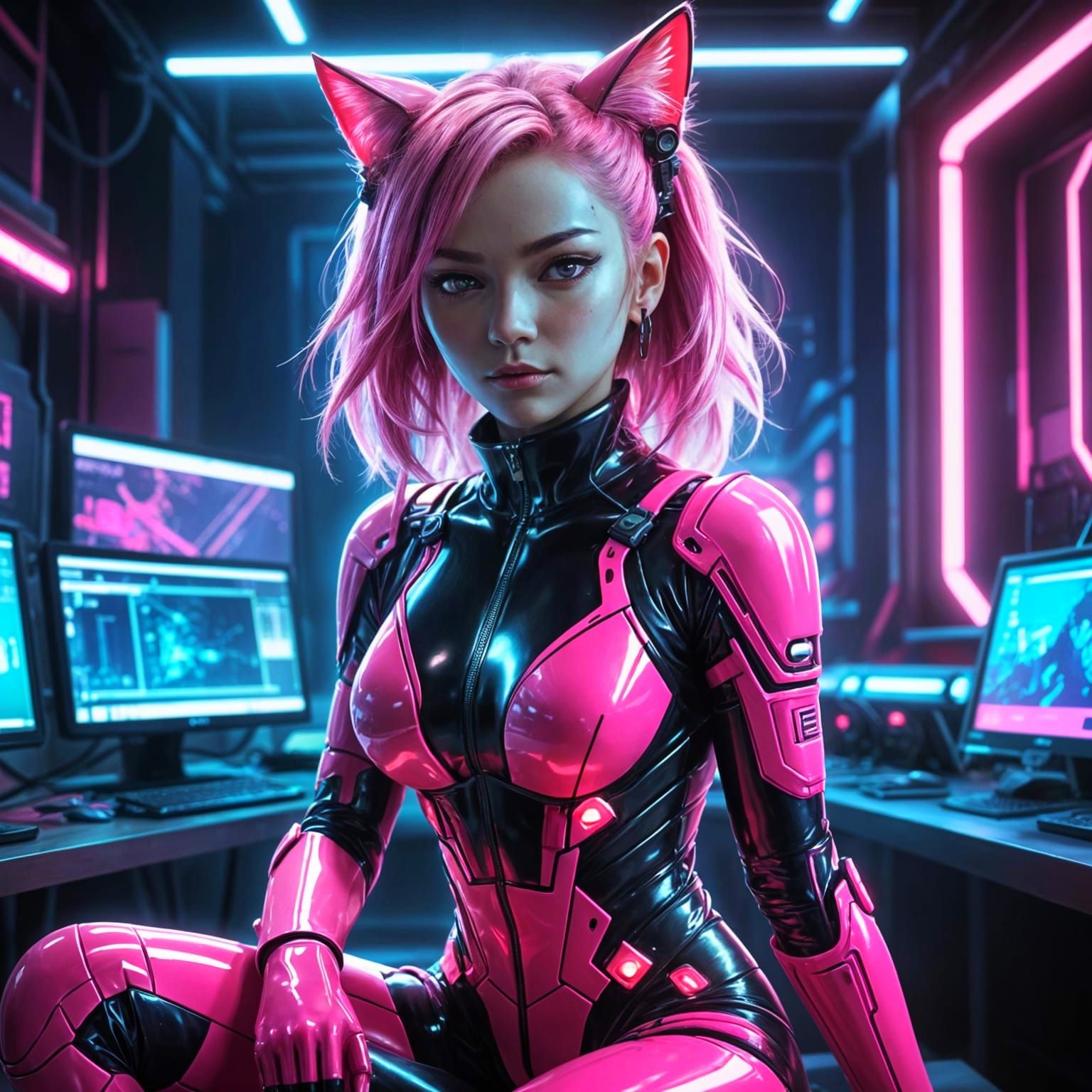 Cyberpunk Cat Netrunner in a Futuristic Lair