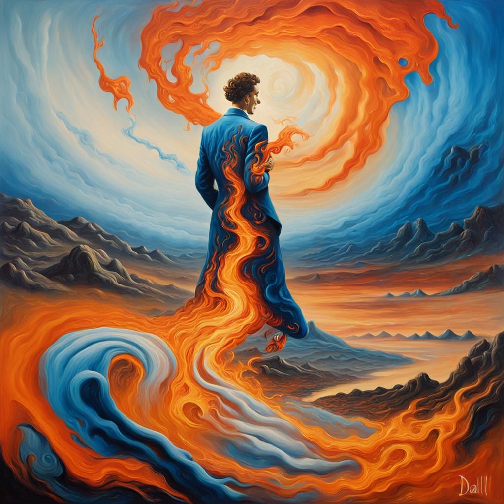 Fire and Ice Figure in Surreal Oil Painting
