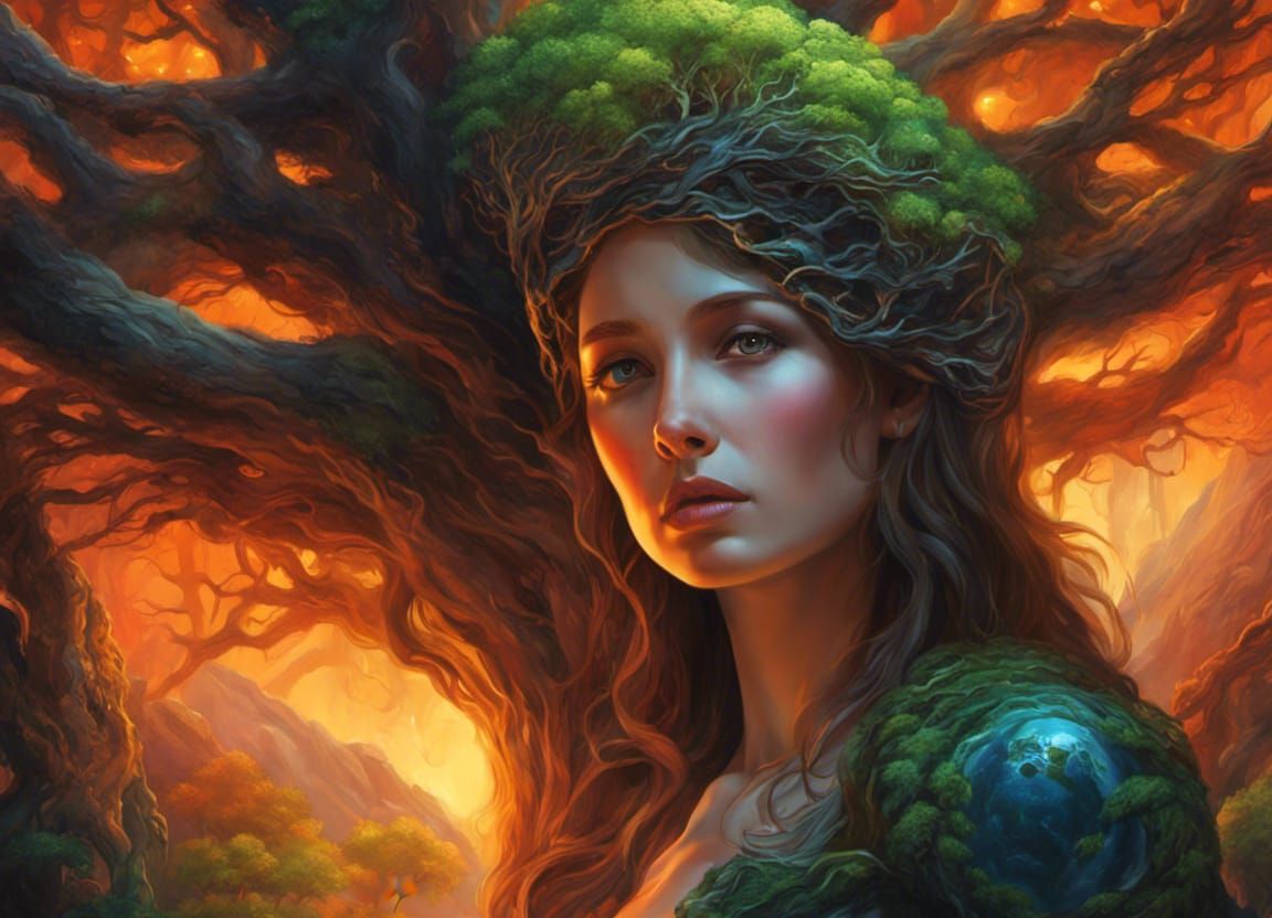 Mother Nature Mourns the Burning World Tree in a Decaying Ga...