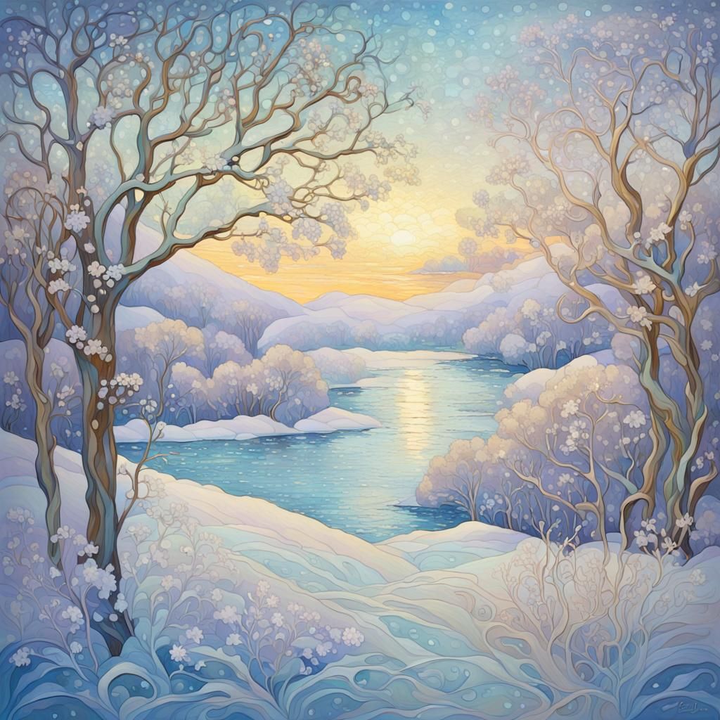 Art Nouveau Winter Landscape in Stained Glass Style