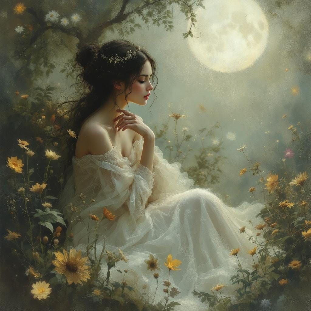 Ethereal Woman in Moonlit Garden with Golden Aura