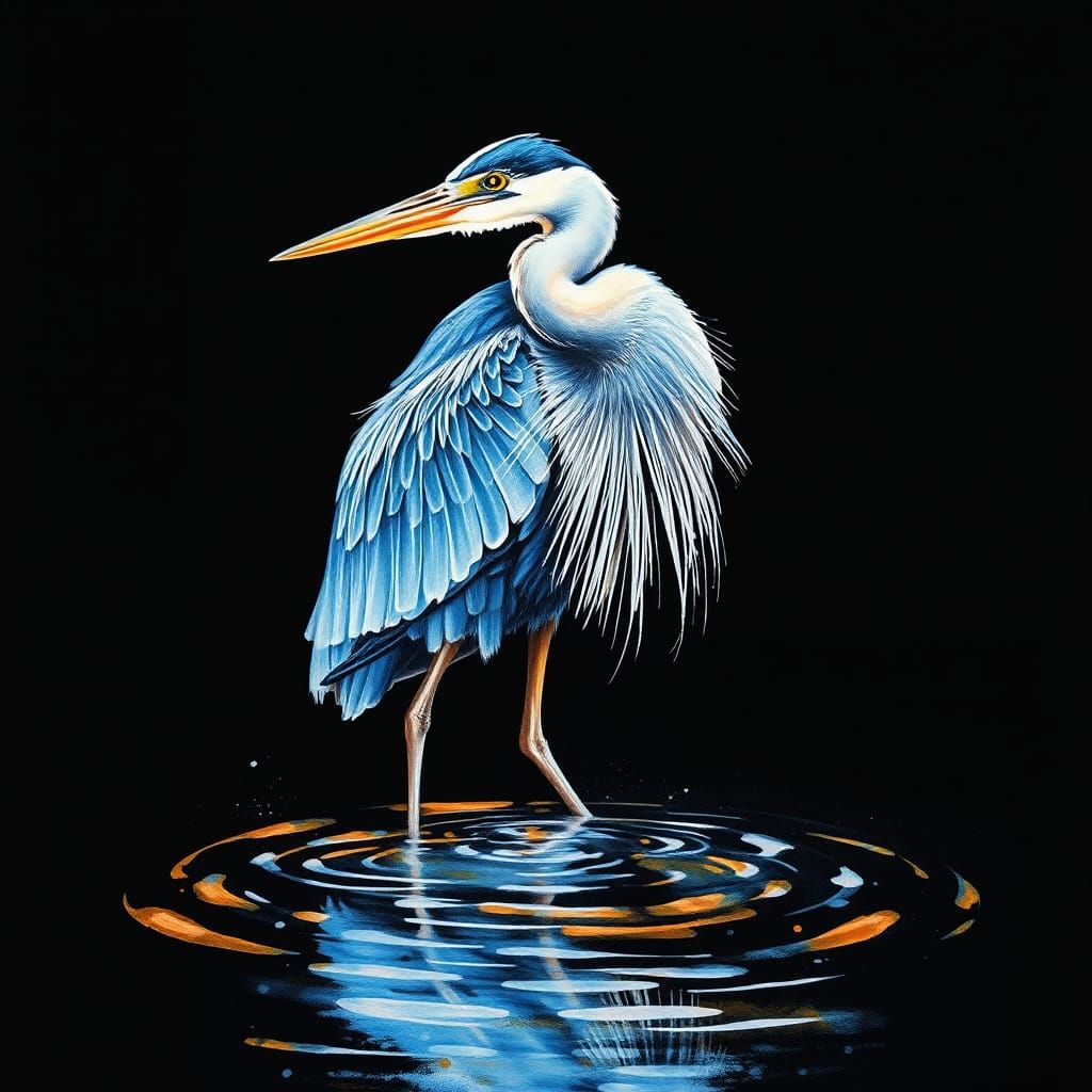 Vibrant Blue Heron in Watercolor and Ink