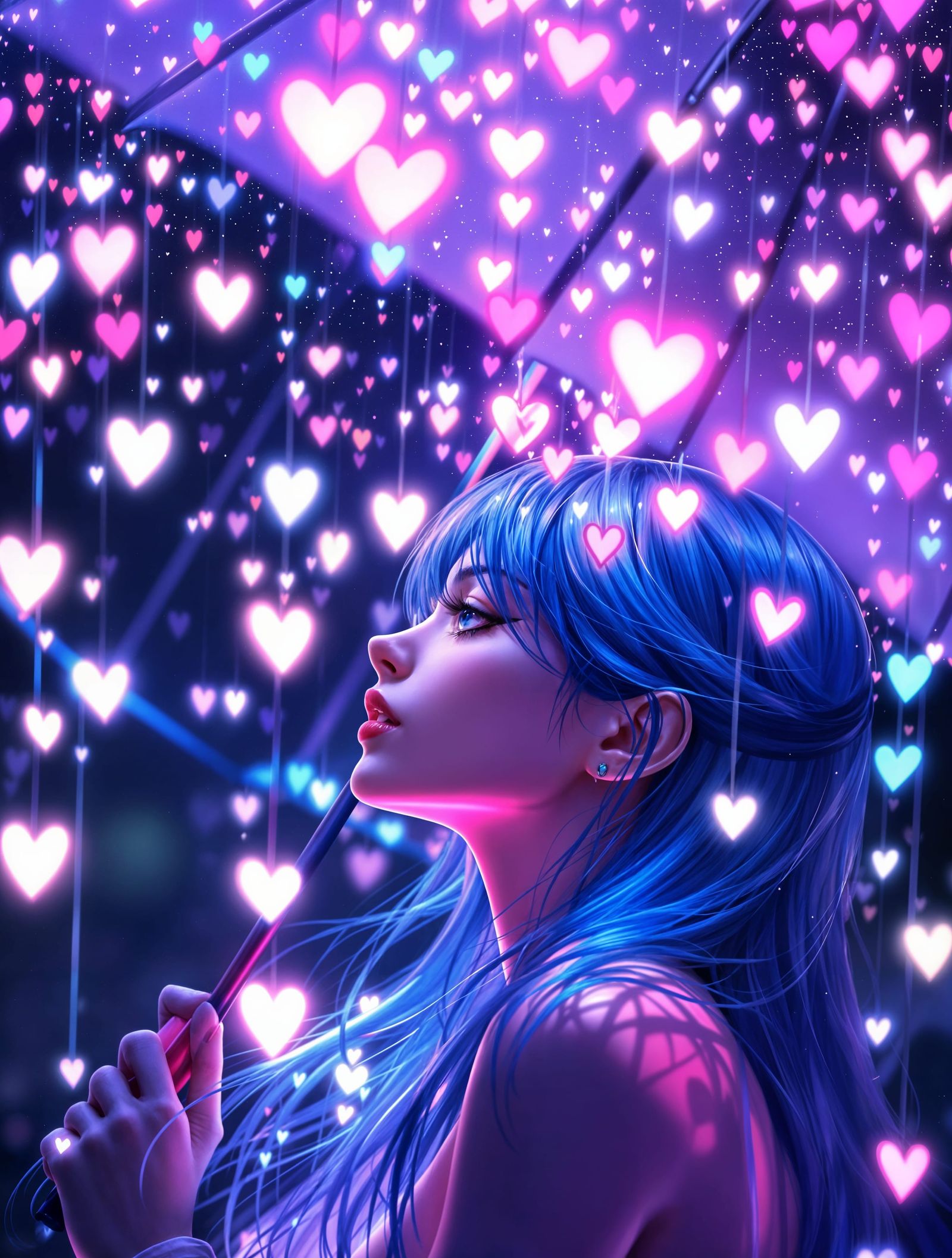 Dreamlike Woman Under Luminous Heart Umbrella