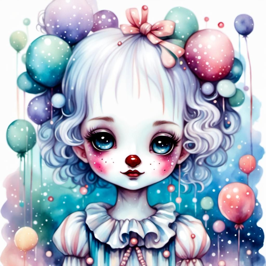 Adorable Pastel Chibi Clown in Watercolor Style