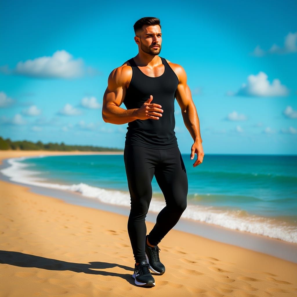 Handsome Man Jogging by the Sea: Digital Illustration
