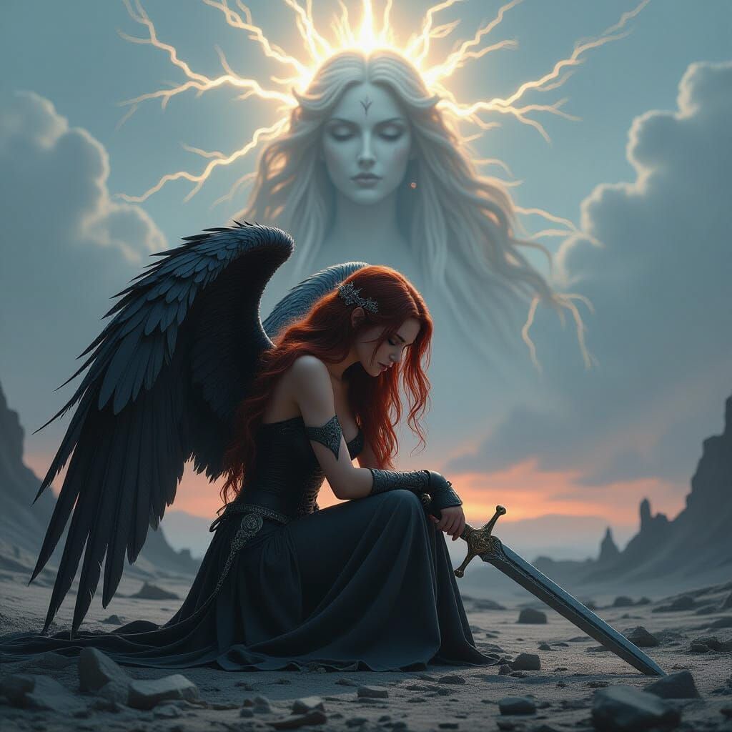 Fallen Angel in War-Torn Landscape