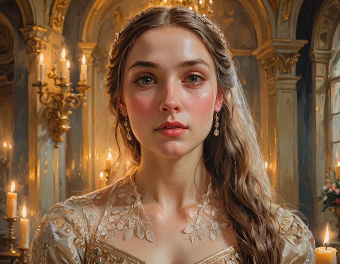 Radiant Princess in Castle Hall: Romantic Oil Painting