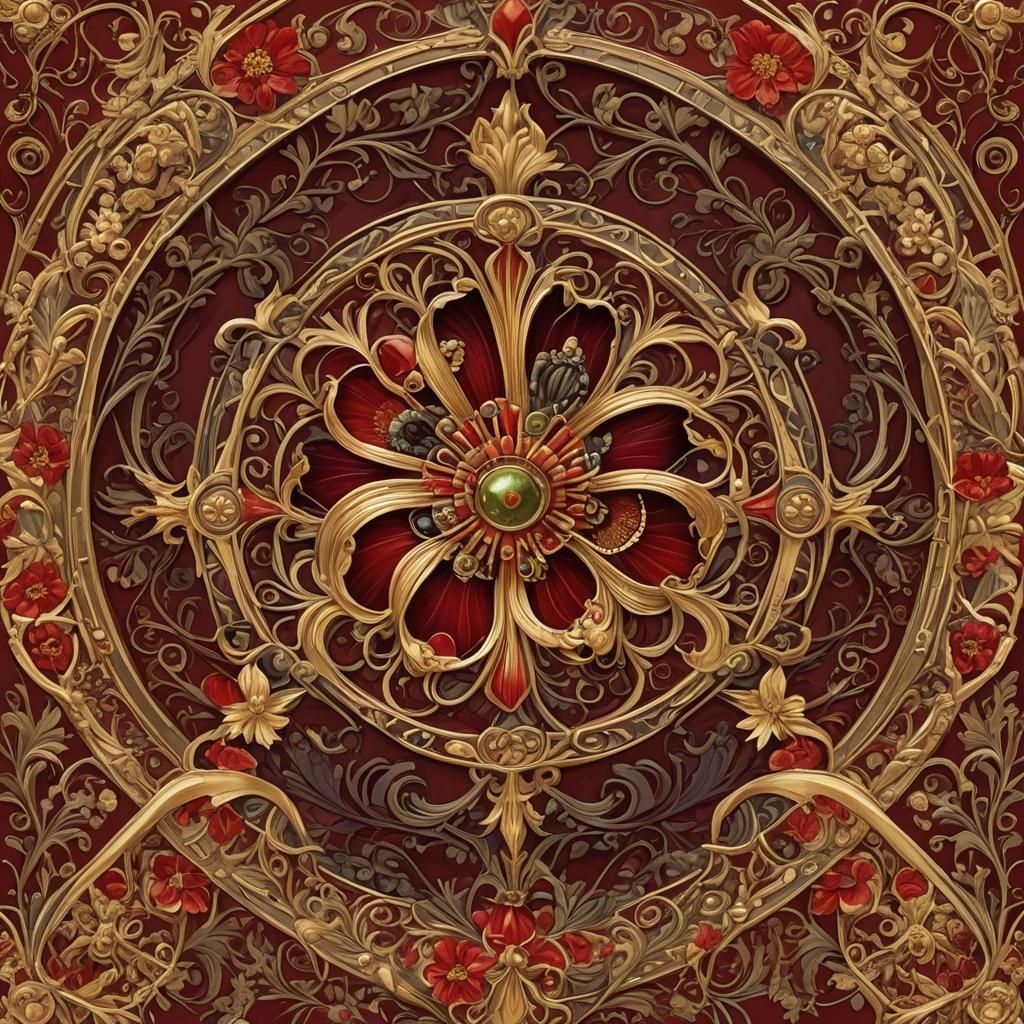 Art Nouveau Architecture in Crimson and Gold
