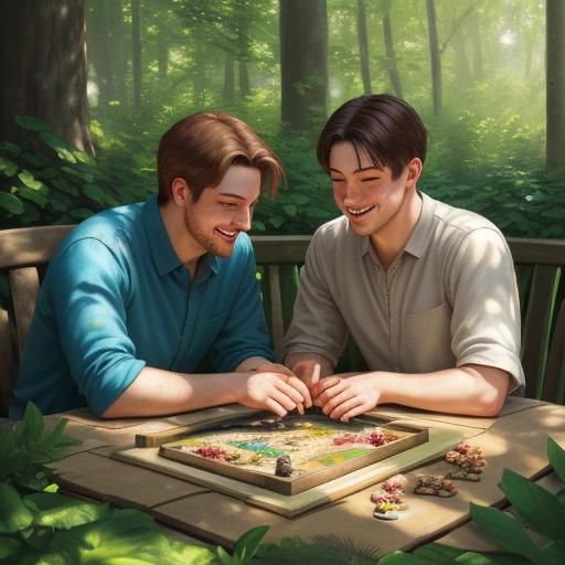 Boys Playing Game in Sunny Impressionist Garden