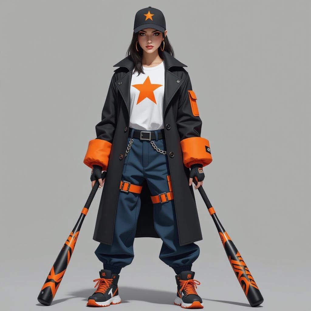 Imposing Young Woman in Trench Coat with Baseball Bat