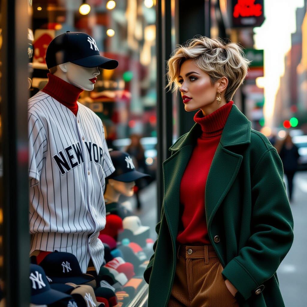 Woman Window Shopping for Yankees Gear in Golden Hour Light