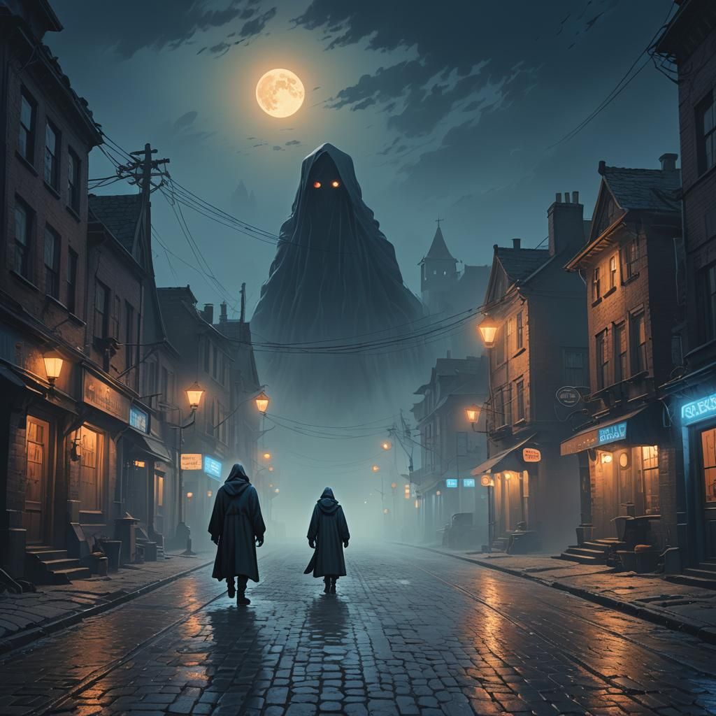 Ghostly Figure in Misty Street: Dark Fantasy Art