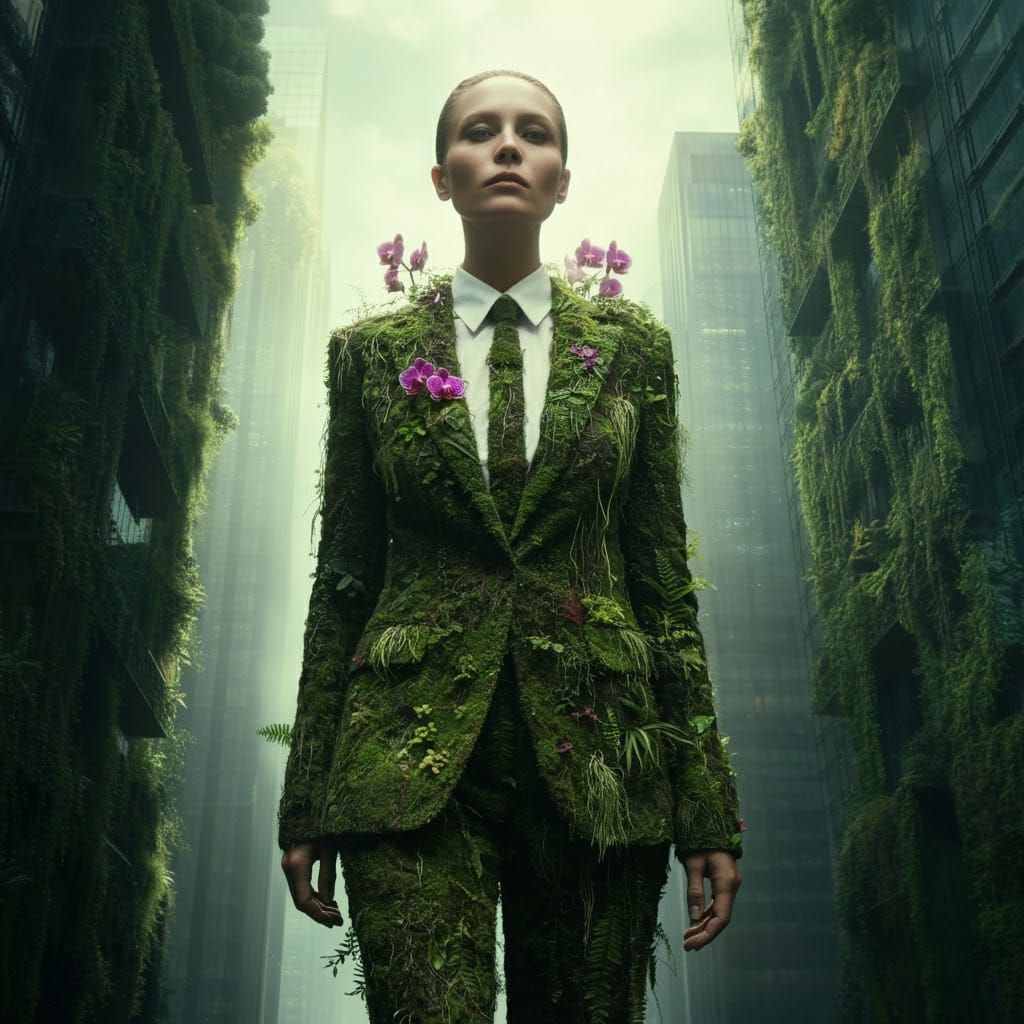 Businesswoman in Living Plant Suit in Metropolis