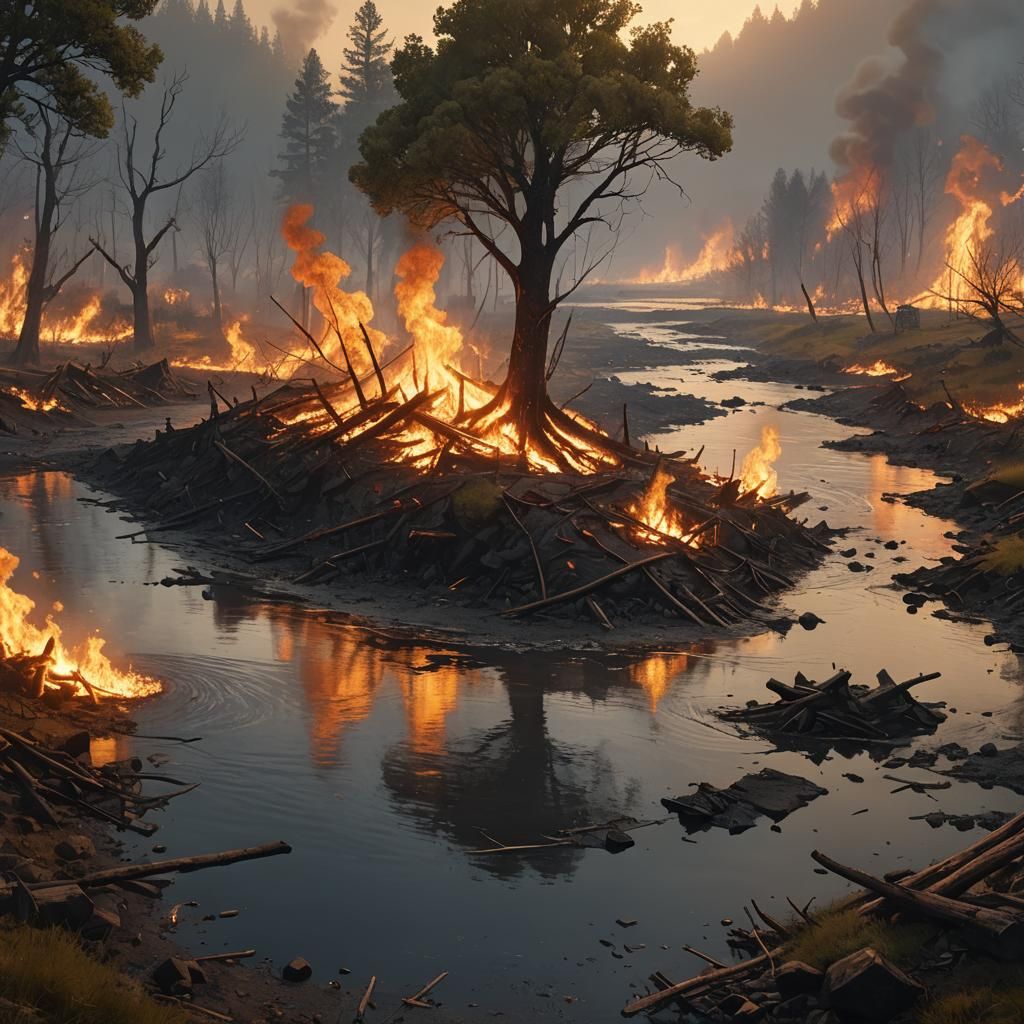 Charred Landscape Ablaze: Cinematic Digital Painting
