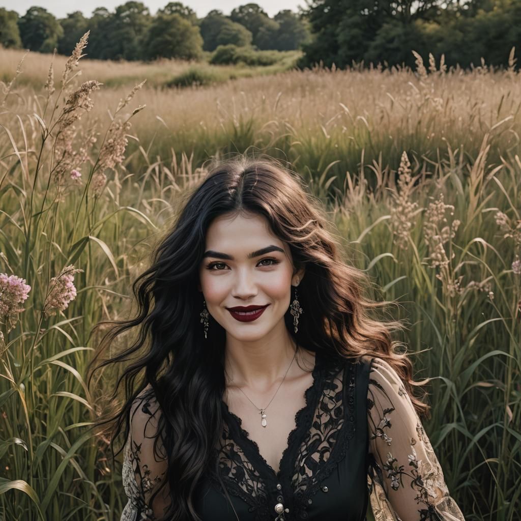 Gothic Woman in Field of Flowers with Warm Glow