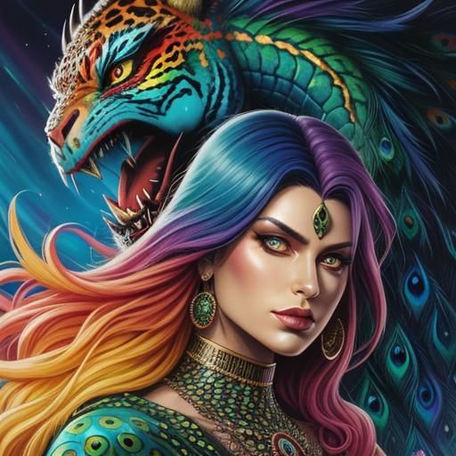 Comic Book Art: Woman with Dragon Scales and Peacock Hair