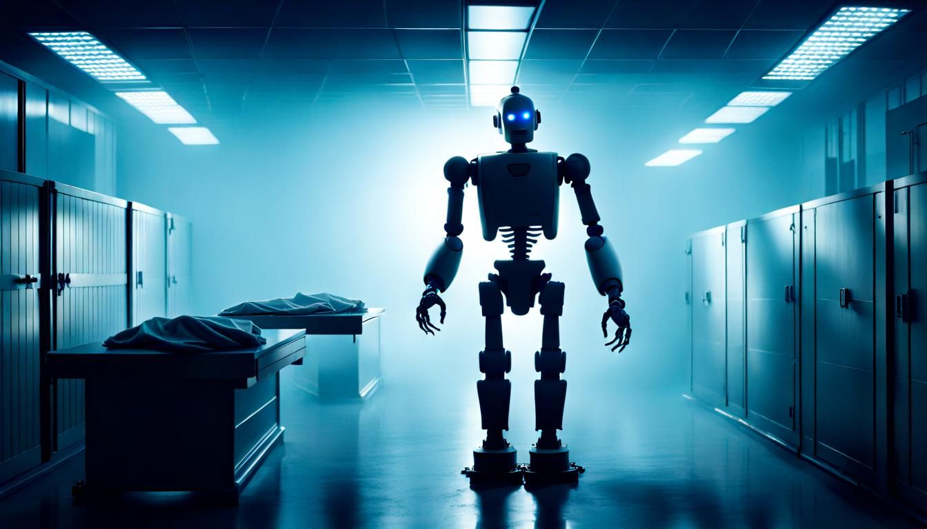 Eerie Morgue Scene with Lonely Robot in Horror Film Style