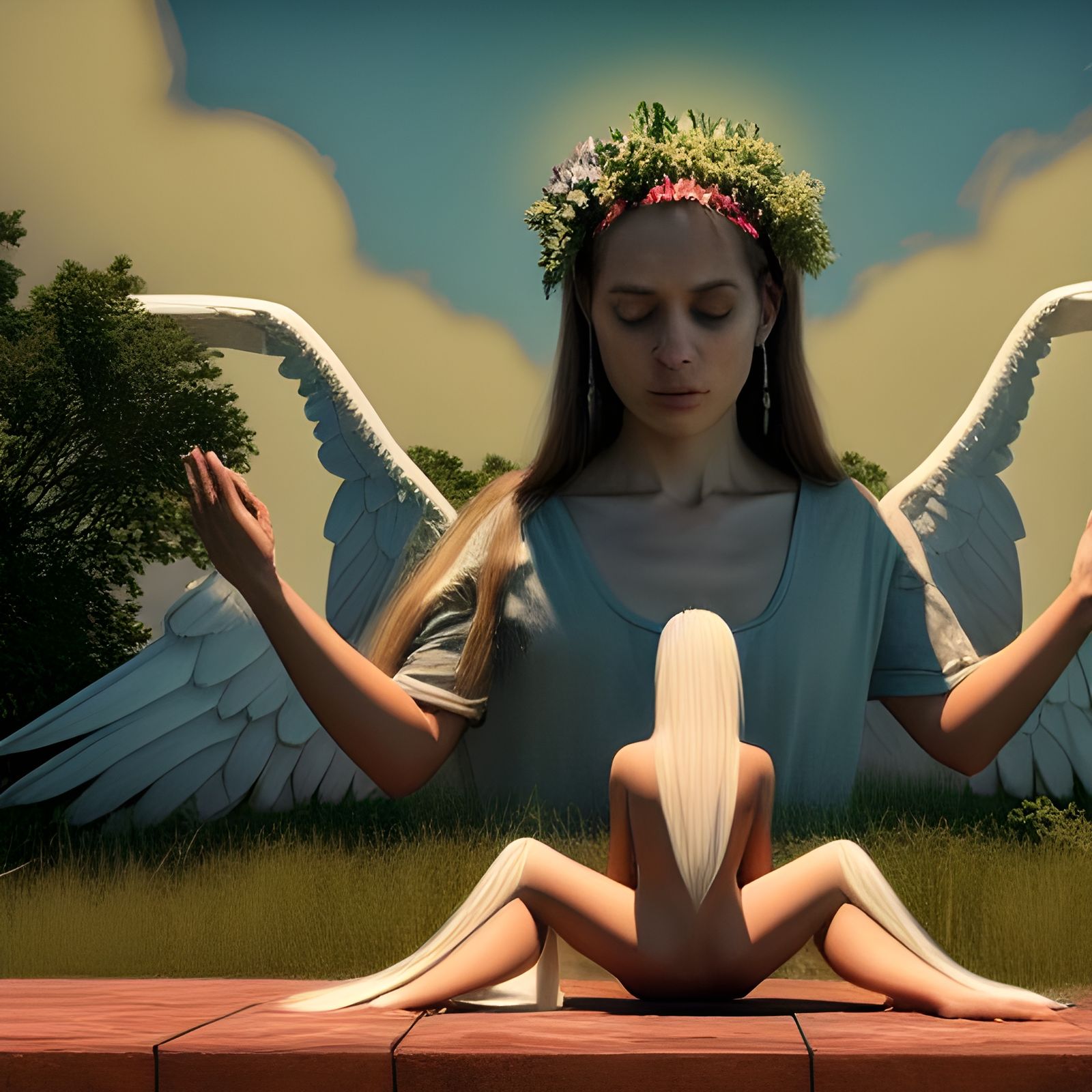Goddess Praying to Angels: Photorealistic Digital Art