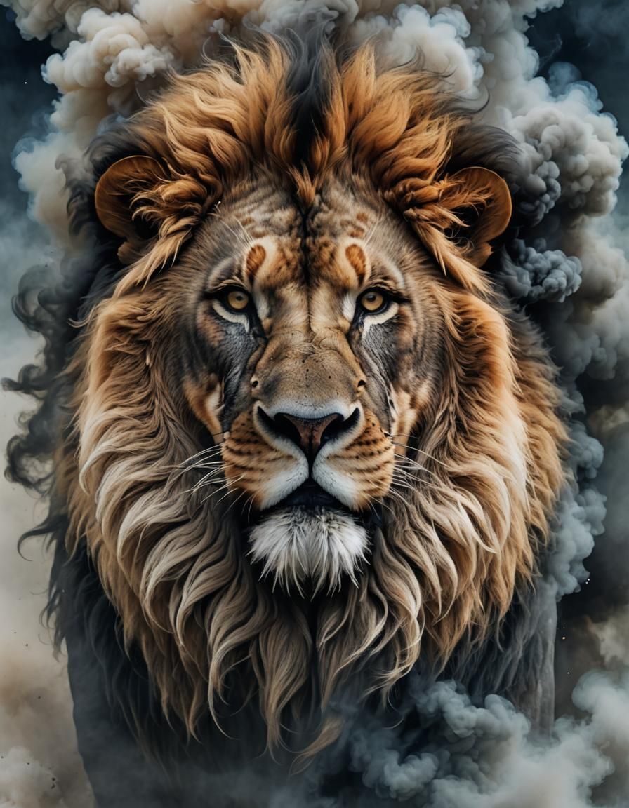 "dramatic (smoke cloud:2.0) forms into shape of fantastic li...