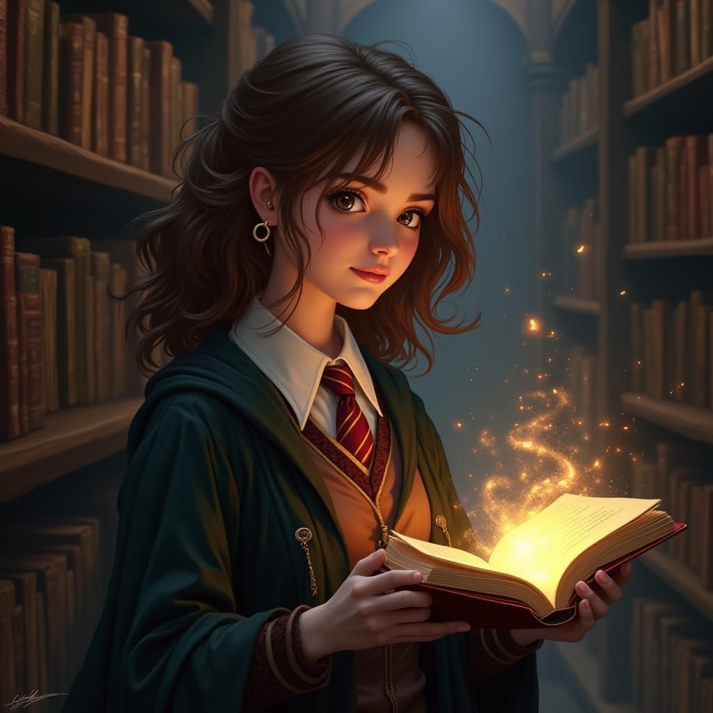 Hogwarts Witch Reading Magical Tome in Library