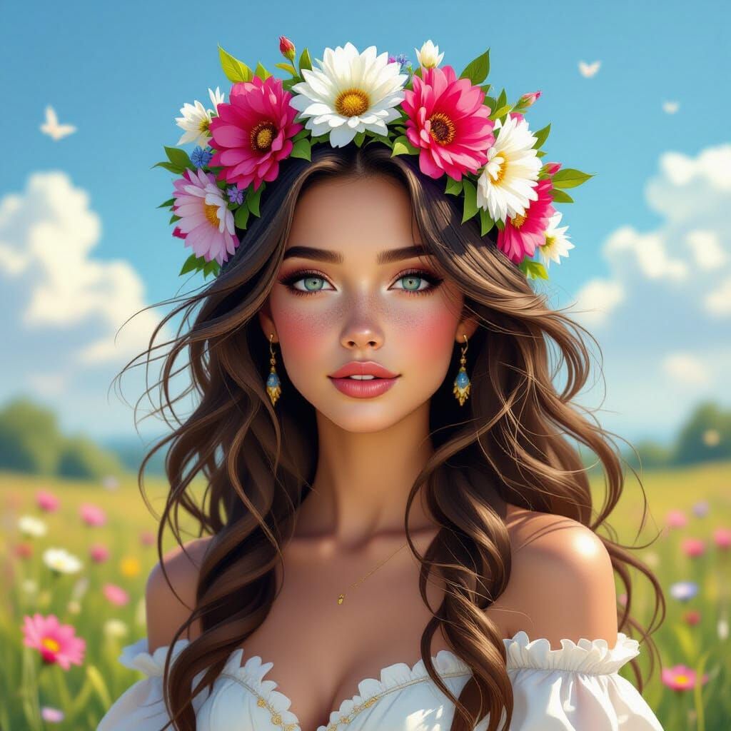 Fantasy Queen with Flower Crown in Hyperrealistic Style