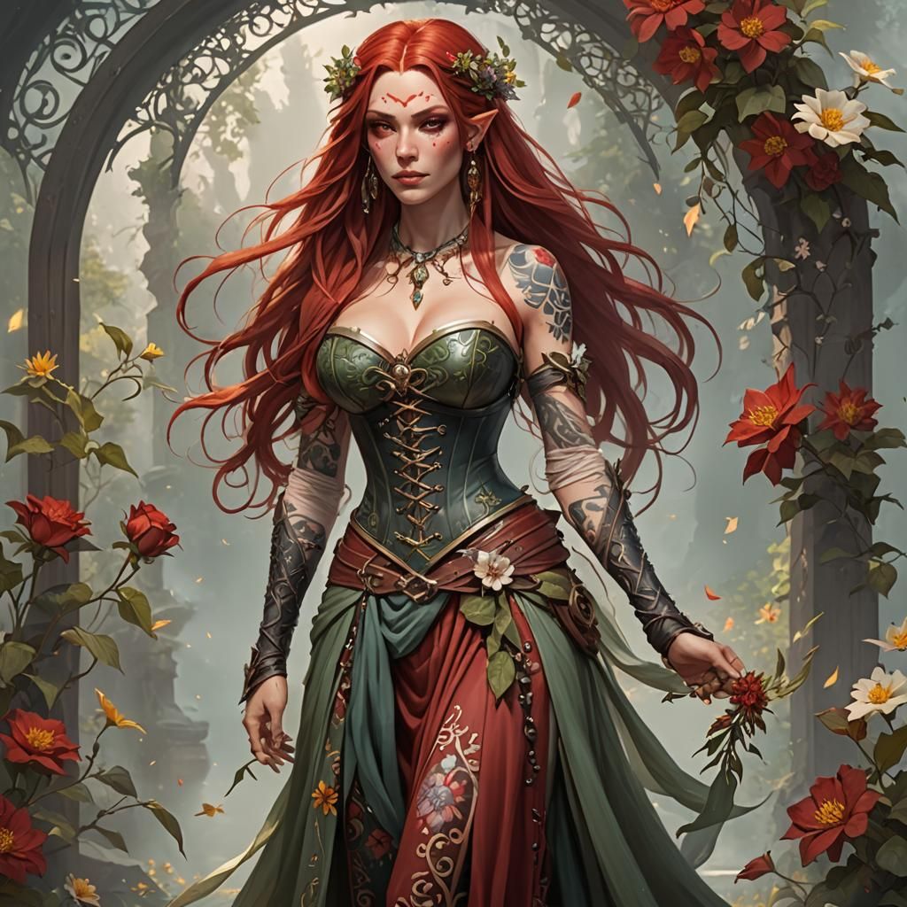 Summer Eladrin Bard with Red Skin and Tattoos