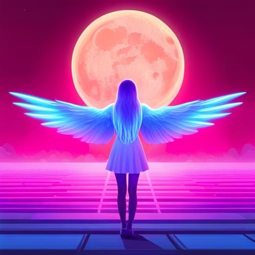 Wings Against Neon Moon in Synthwave Style
