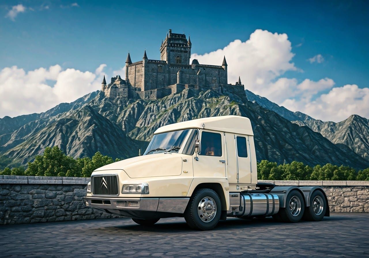 Cream Citroën SM Semi Truck Outside Mountain Fortress in Epi...