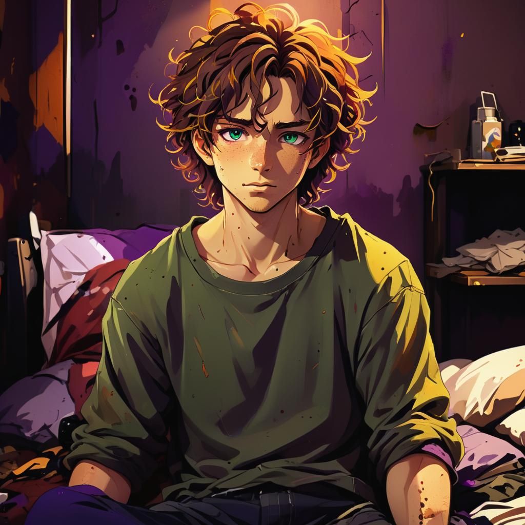 Anime-Inspired Male with Chiseled Features in Moody, Vibrant...