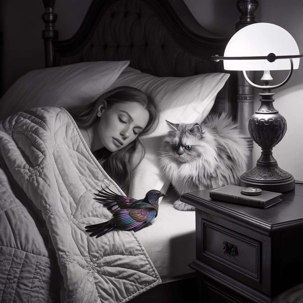 Serene Black and White Bedroom Scene with Sleeping Woman and...