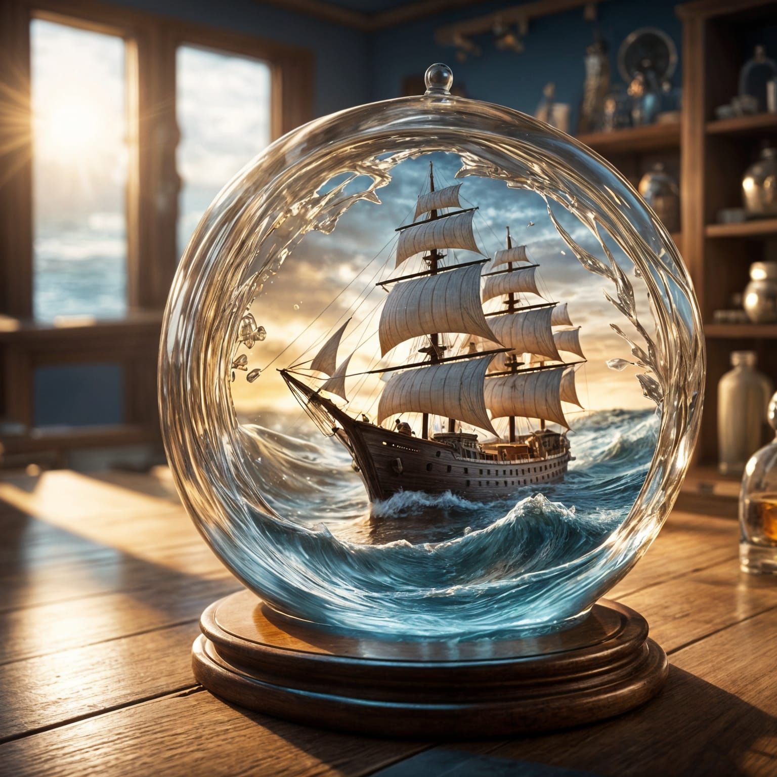 Majestic Wooden Ship in Glass Bottle on Dynamic Ocean