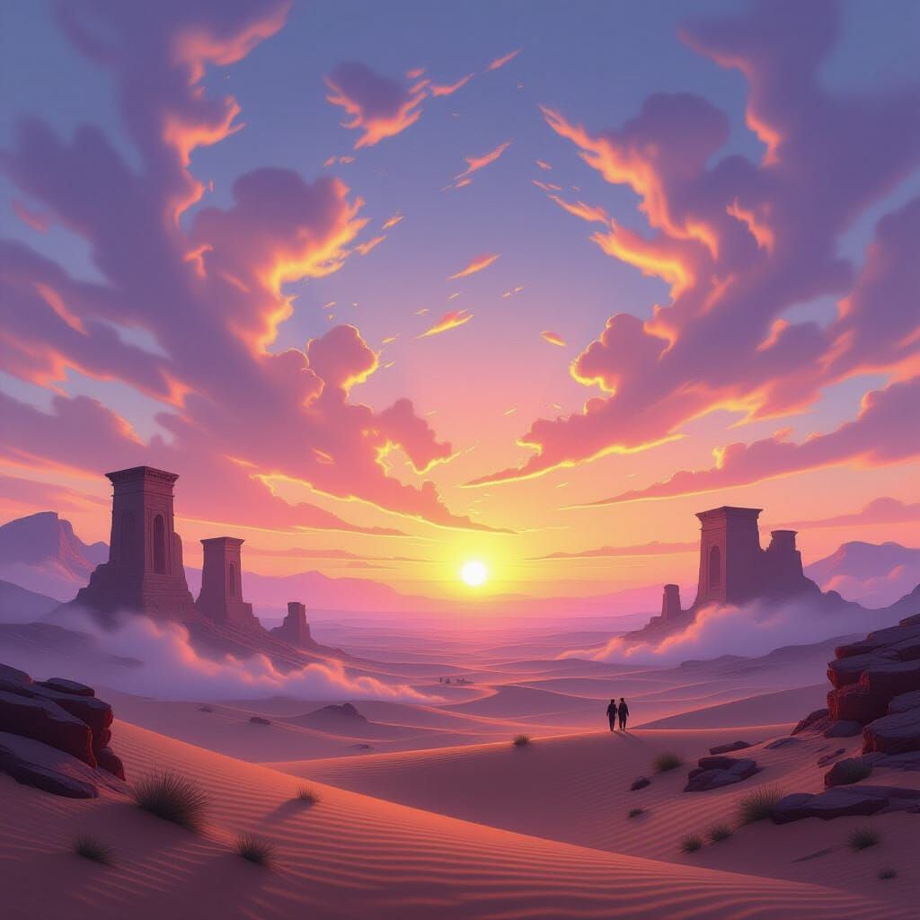 Hopeful Sunrise Over Desert Ruins Symbolizing New Era