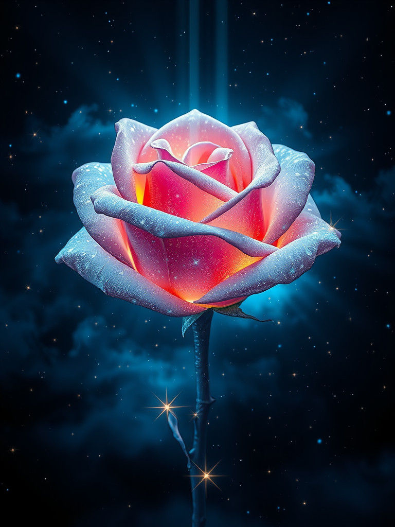 Cosmic Rose in Starry Mist: Hyperrealistic Collage