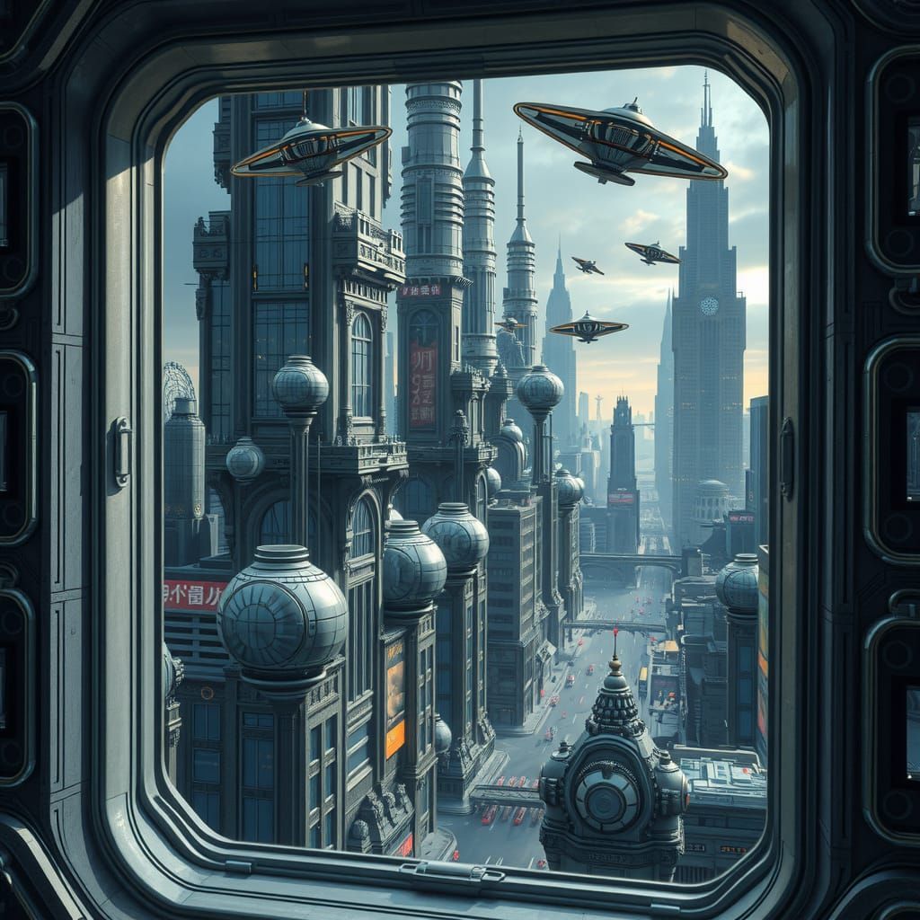 Futuristic Cityscape with Alien Spaceships in Chromepunk Sty...