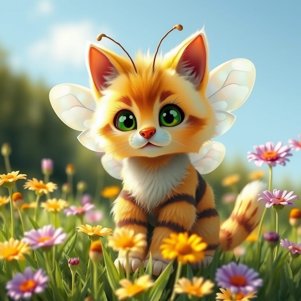 Whimsical Honeybee Cat Hybrid in Vibrant Meadow