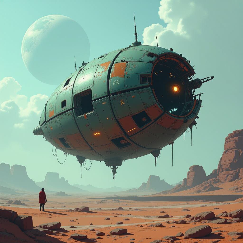 Damaged Space Freighter Orbiting Desolate Planet