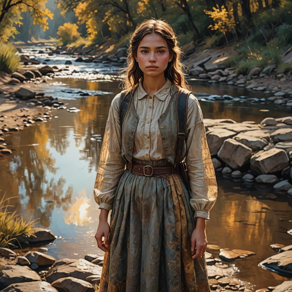 Girl on Old Road in Golden Hour Sunlight