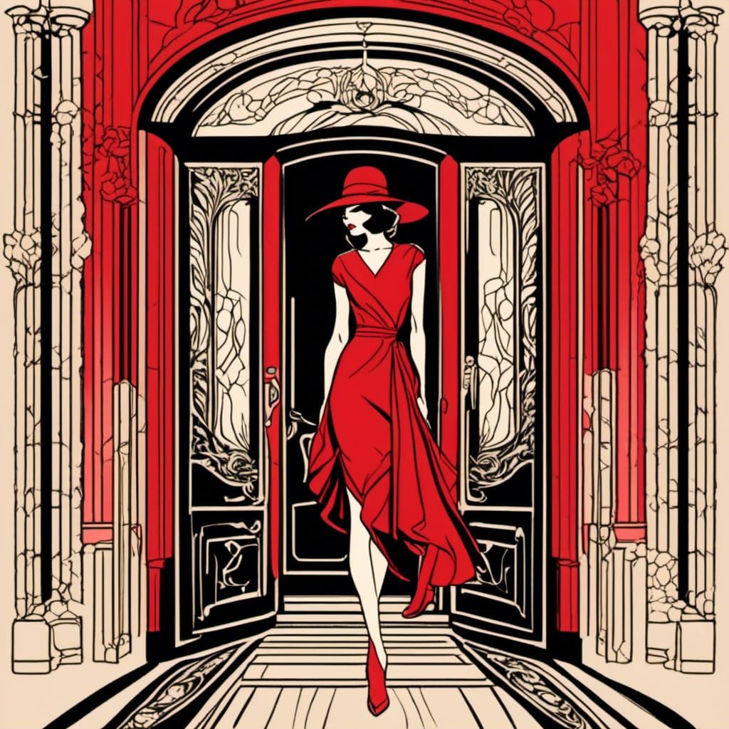 <lora:Coloring Book:1.0> art deco style tall brunette woman ...