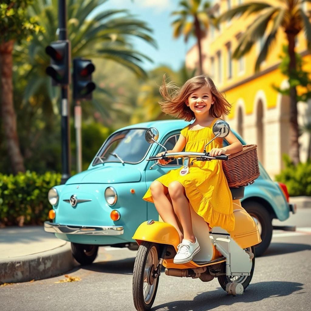 Girl on Scooter at Stoplight Beside Fiat