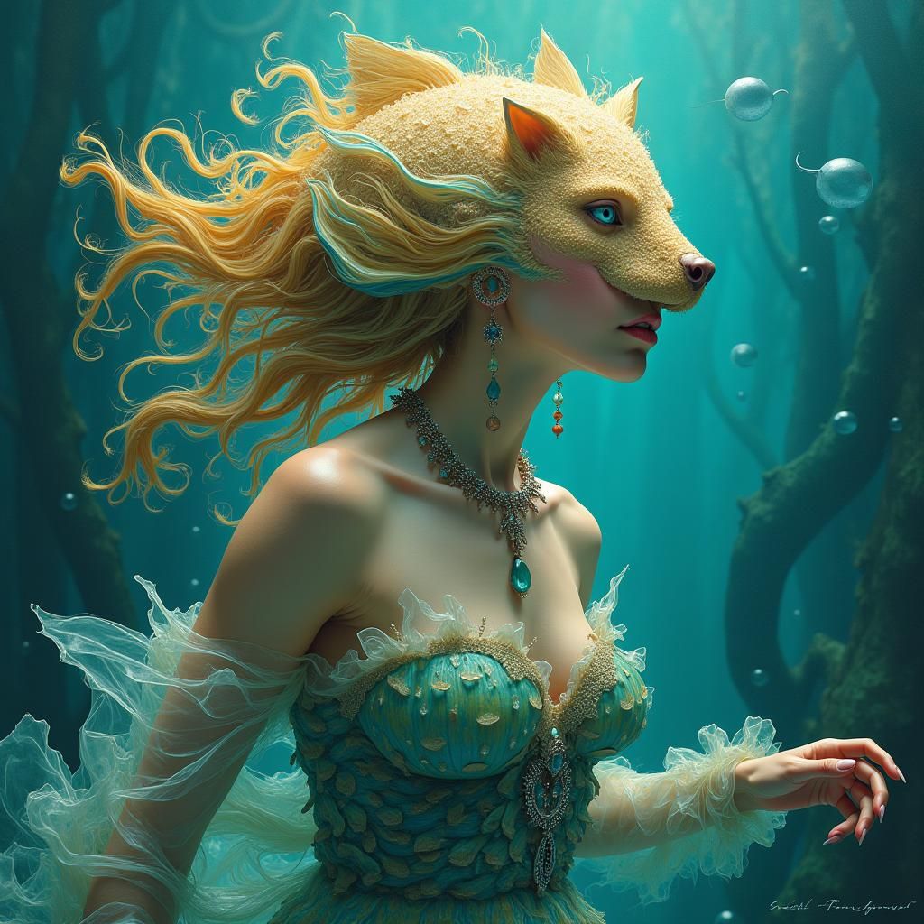 Fish-Headed Woman in Dreamlike Aquatic Fantasy