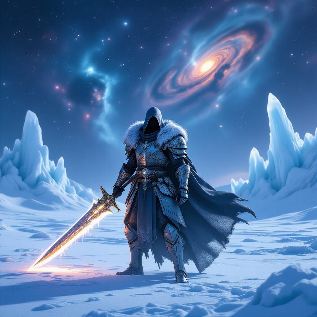Lone Warrior on Icy Plain Under Galactic Sky