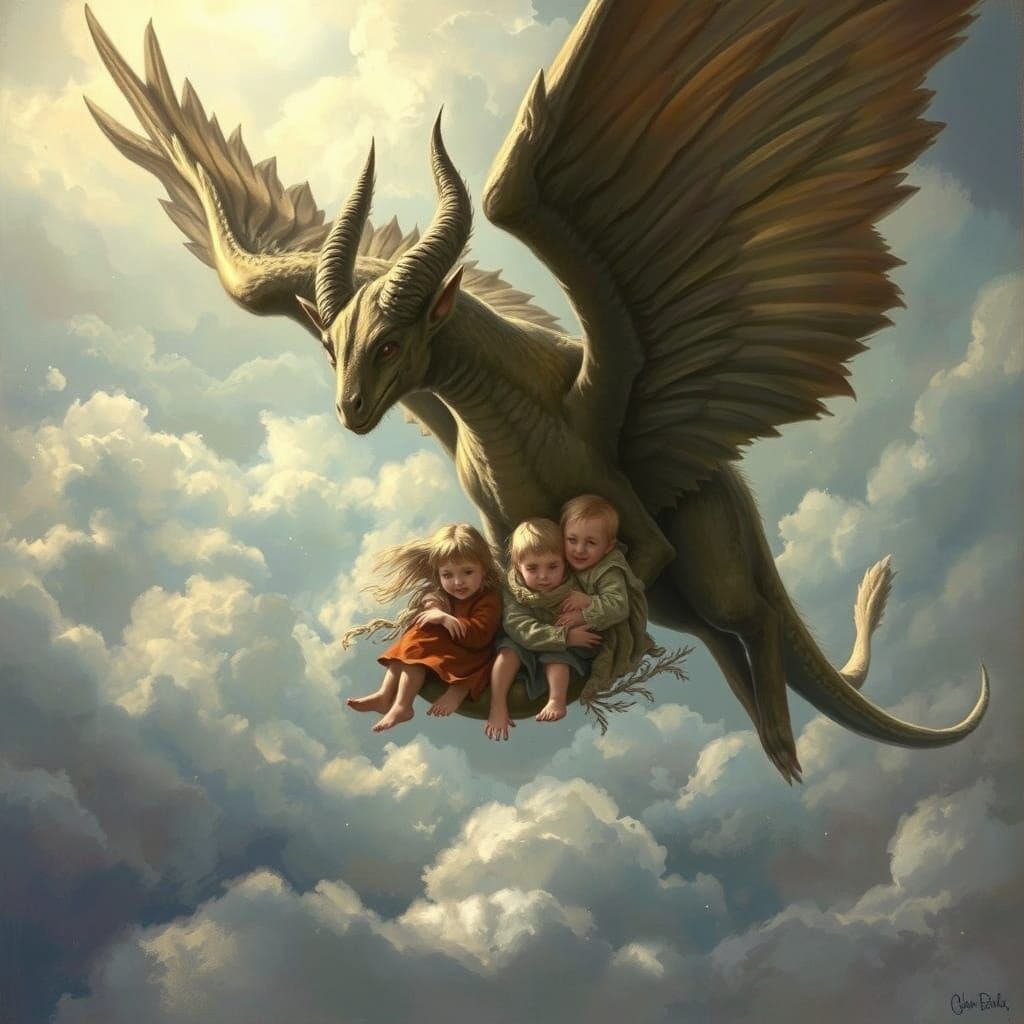 Winged Beast Soaring with Children: Fantasy Illustration