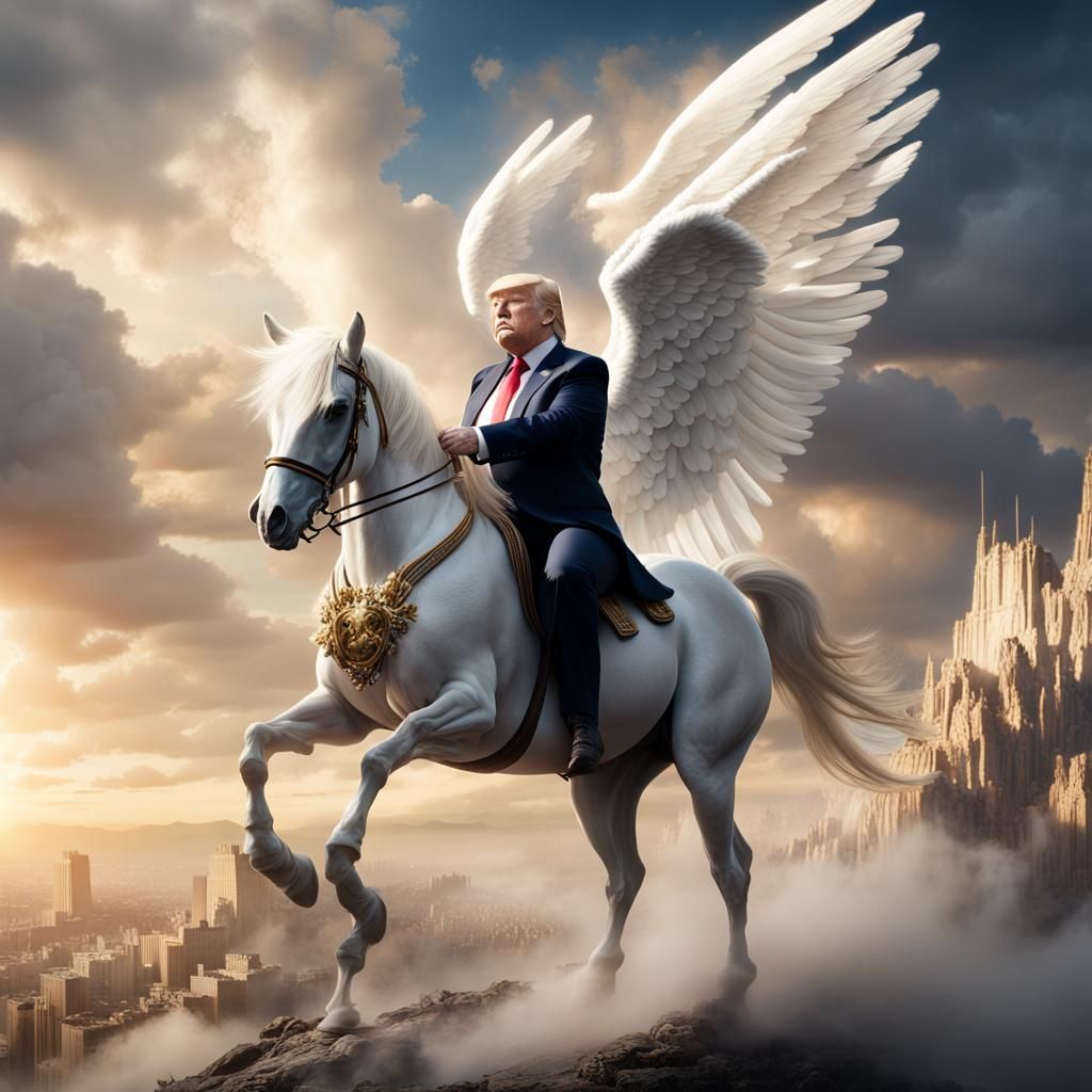 Trump as Angel on White Horse, Realistic 8k