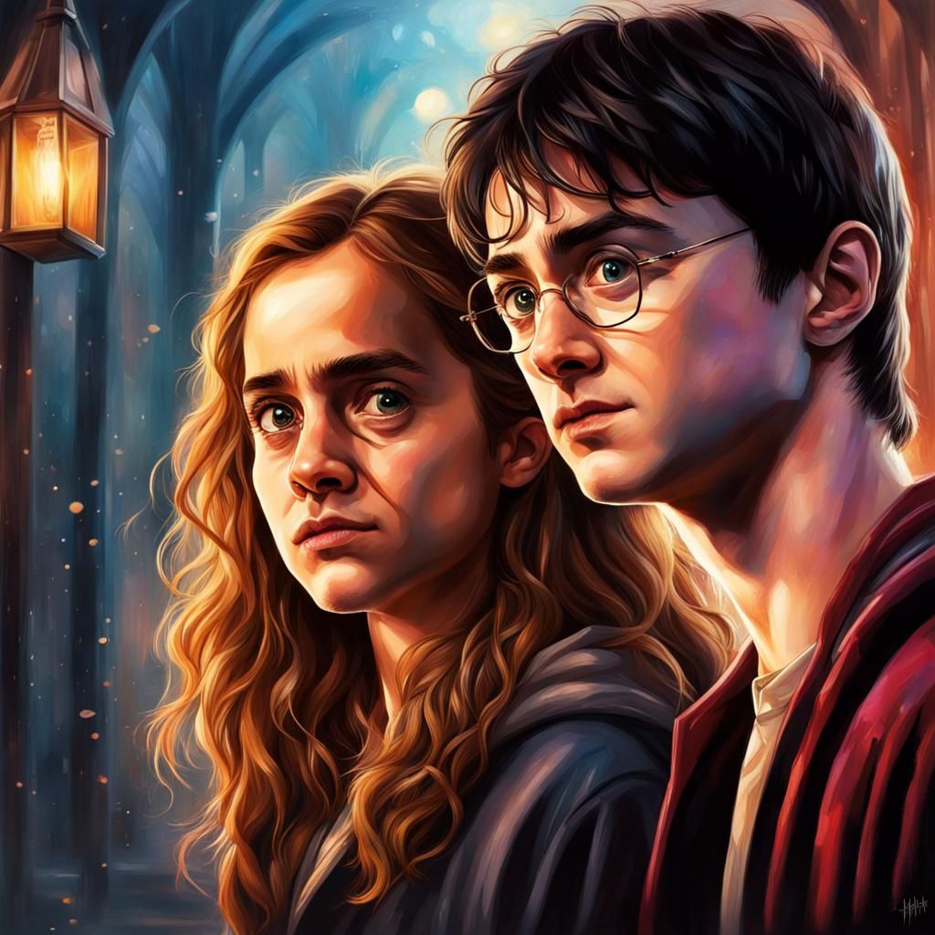 Hyperrealistic Harry Potter and Hermione Portrait