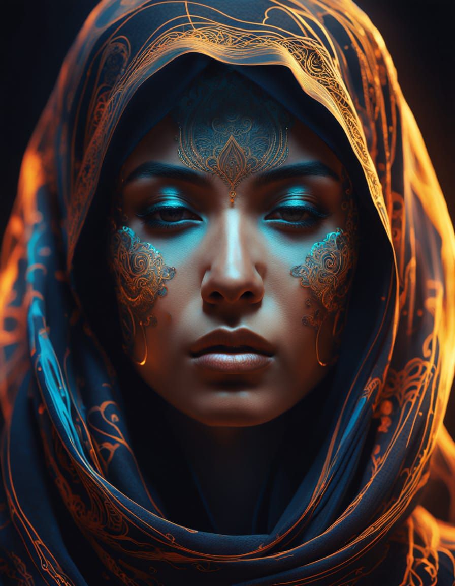 Ethereal Veiled Siren in Futuristic Haze