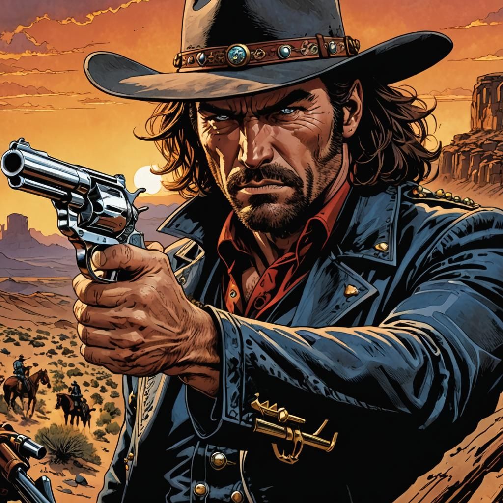 Outlaw Cowboy at Sunset: Comic Book Art