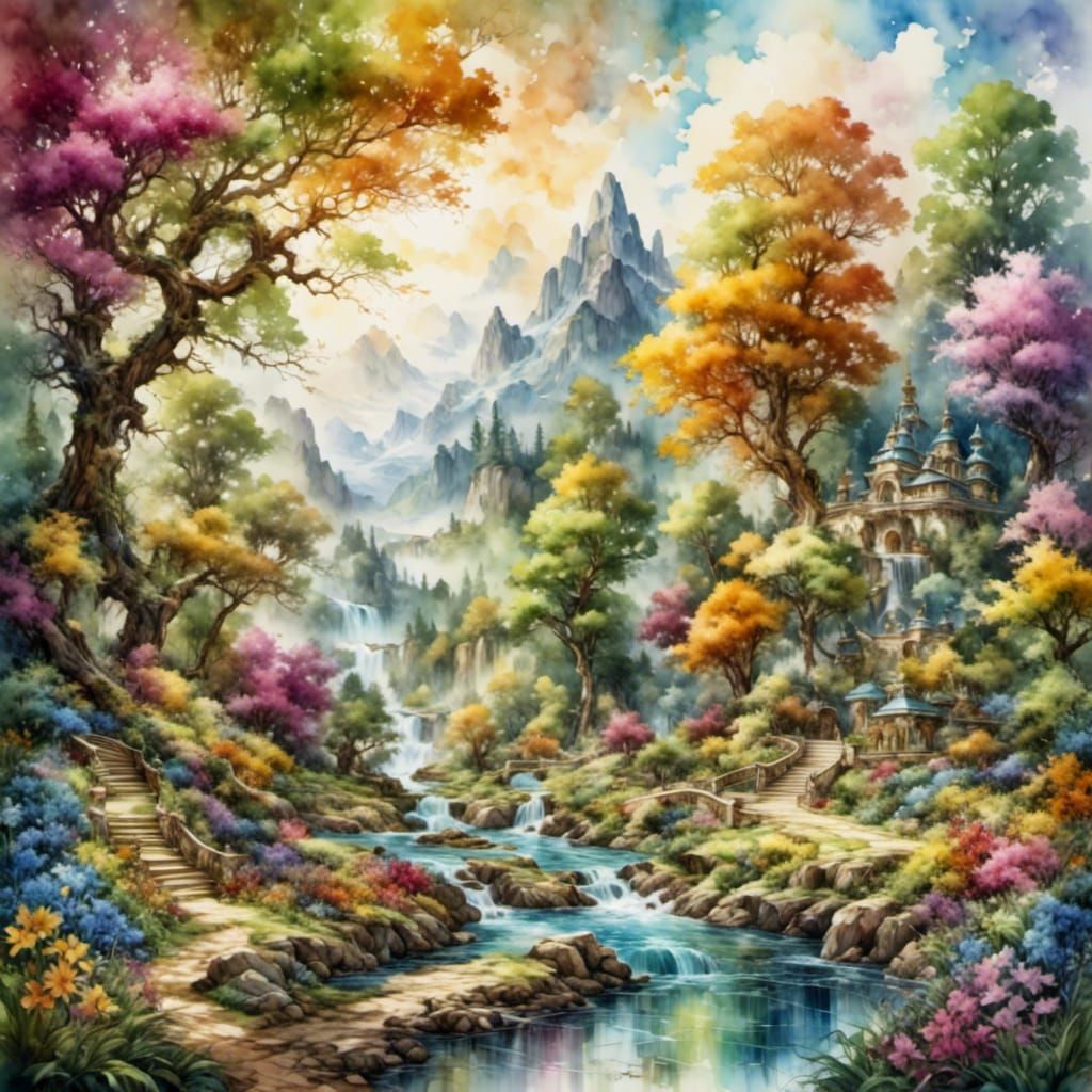 Baroque Spring Landscape in Ornate Golden Frame