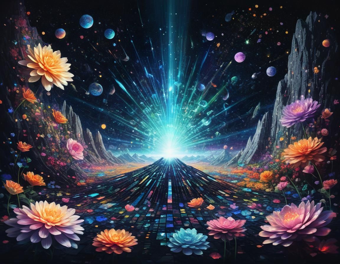 Ethereal Rock Album Cover Art in Holographic Mosaic Style